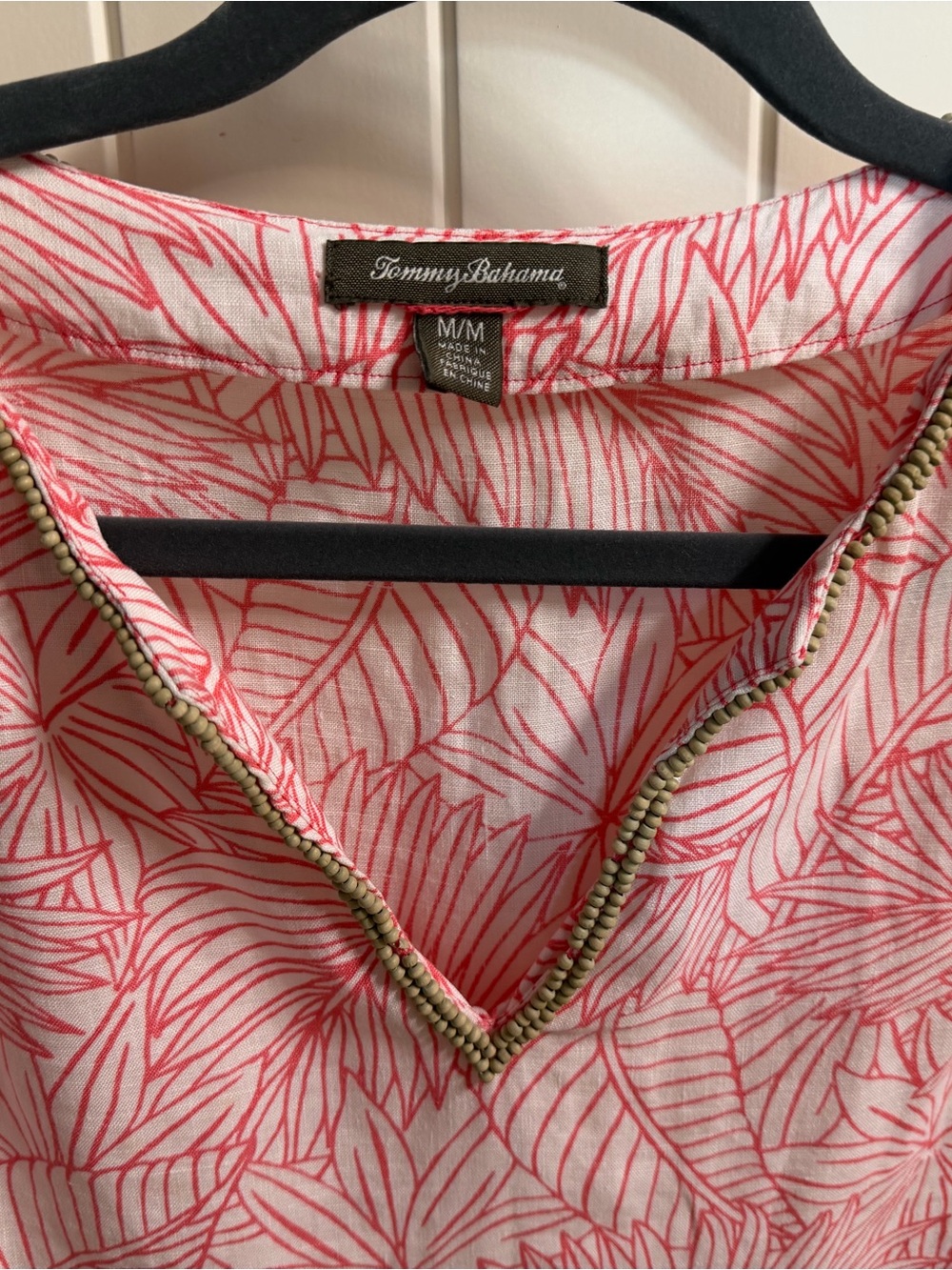 Tommy Bahama Coral and White Leaf-Print V-Neck Linen Bead-Trim Tunic - Picture 3 of 7